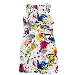 AGB Abstract Floral Pattern Sheath Dress Size 6 White Pink Fuchsia Yellow Blue